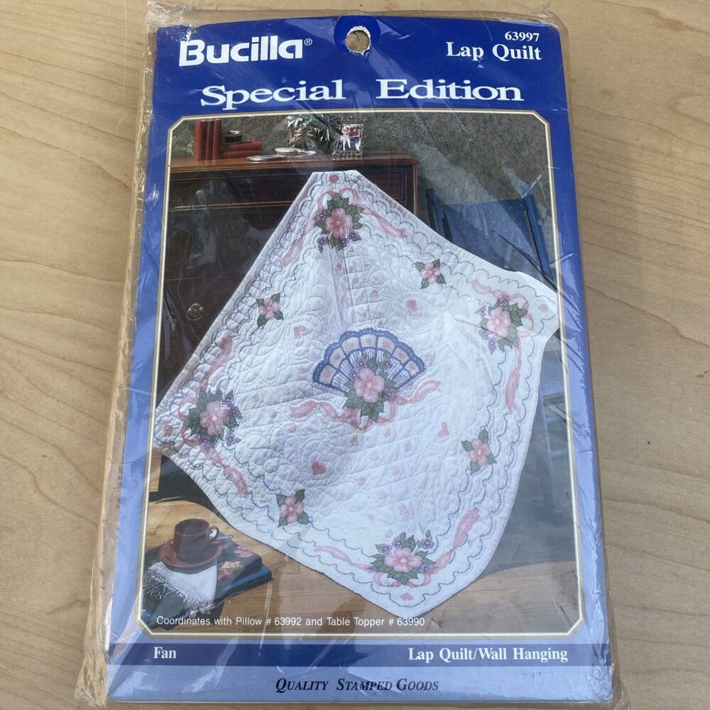 Bucilla 1993 SPECIAL EDITION 45" X 45" FAN Stamped XStitch 63997 LAP QUILT Vtg